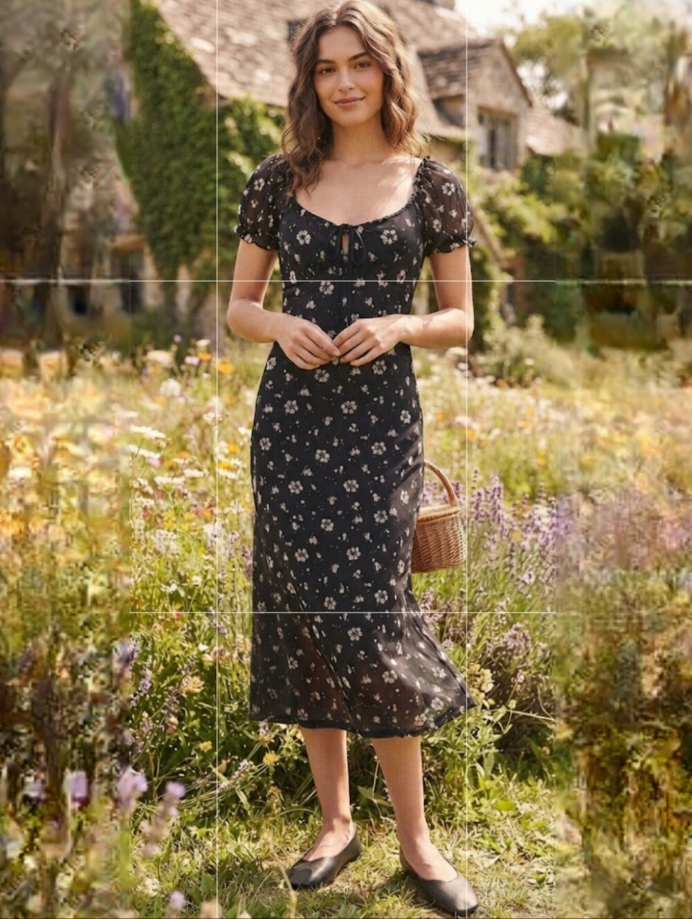 Forever 21 Floral Mesh Midi Dress Black Cottagecore Puff Sleeve Large